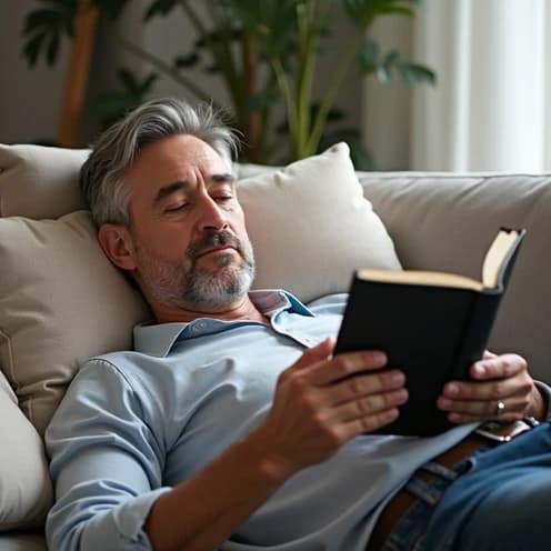 Man reading book while relaxing on couch